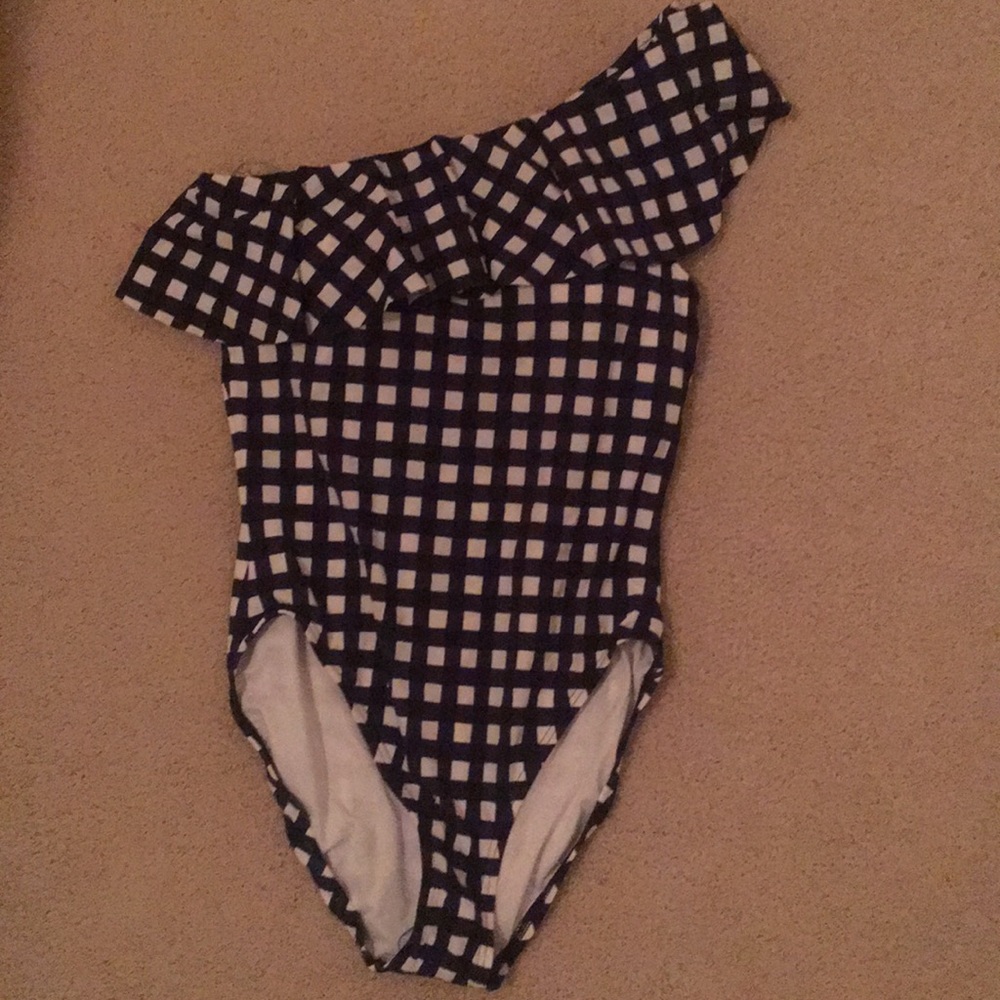 Off the shoulder 1 piece swimsuit - navy gingham